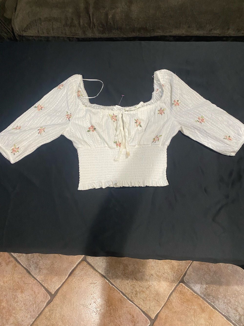 Kirious White Cropped Peasant Top with Pink Floral Embroidery